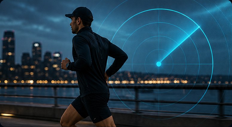 Corredor treinando à noite com radar de ofertas ao fundo